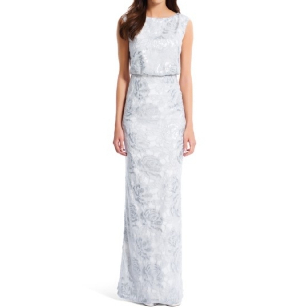 Adrianna Papell Silver White Lace Sequin Blouson Column Gown Brigerton Size 4